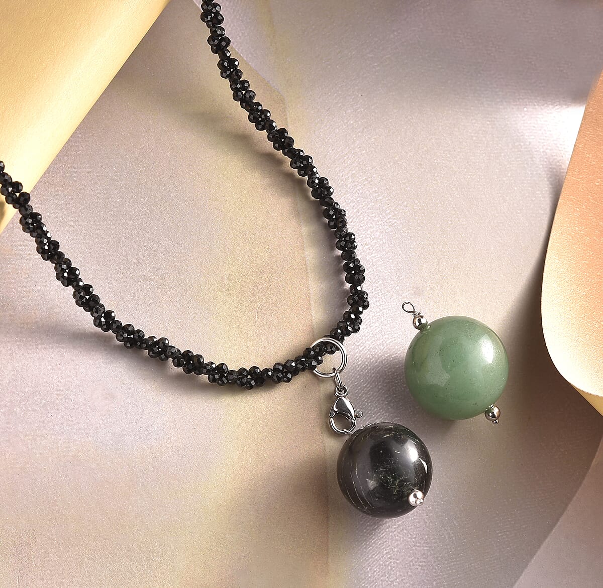 Green Aventurine, Black Agate Pendant with Thai Black Spinel Beaded Necklace (18 Inches) in Stainless Steel 150.15 ctw , Tarnish-Free, Waterproof, Sweat Proof Jewelry image number 1