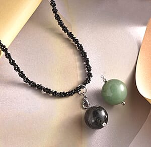 Green Aventurine, Black Agate Pendant with Thai Black Spinel Beaded Necklace (18 Inches) in Stainless Steel 150.15 ctw , Tarnish-Free, Waterproof, Sweat Proof Jewelry