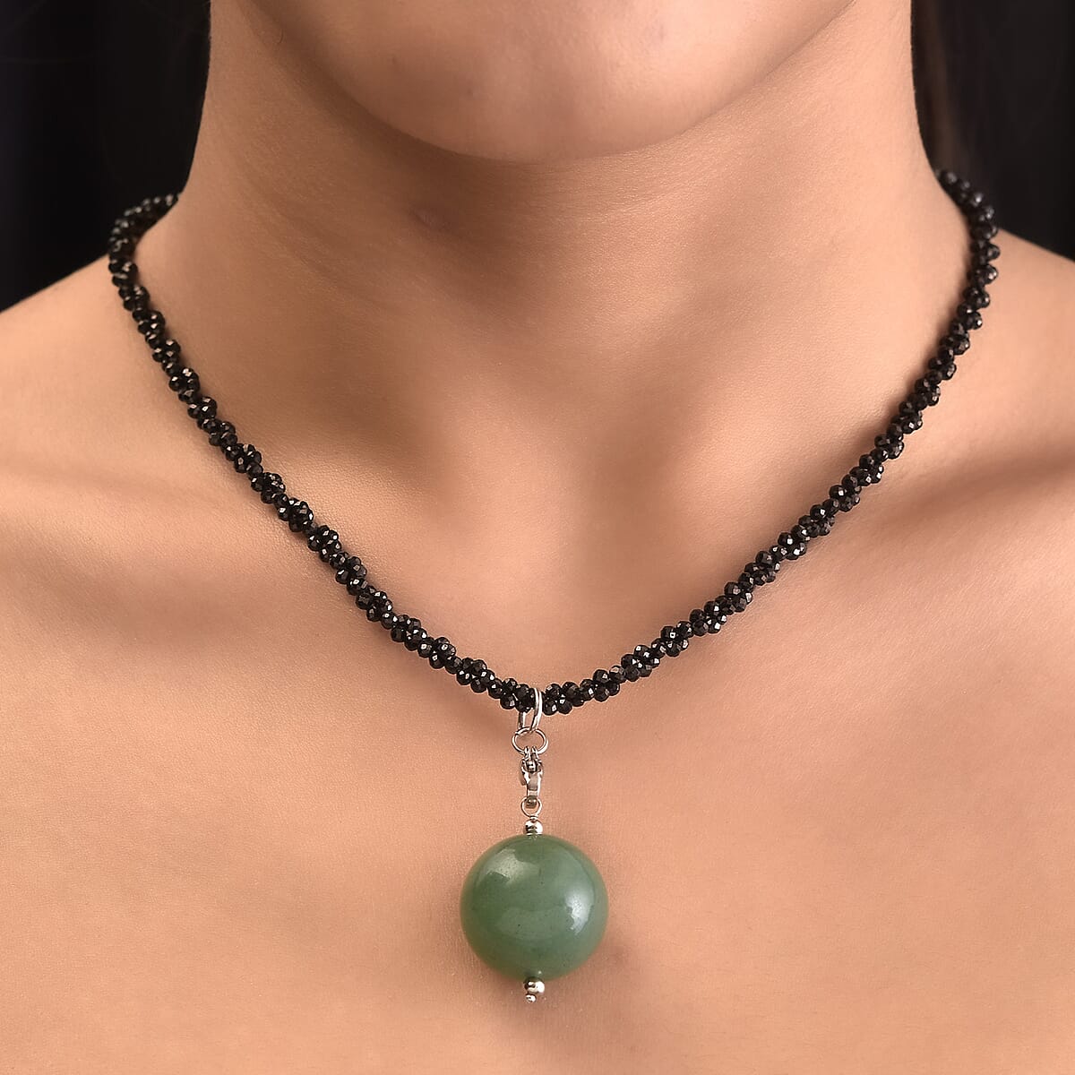 Green Aventurine, Black Agate Pendant with Thai Black Spinel Beaded Necklace (18 Inches) in Stainless Steel 150.15 ctw , Tarnish-Free, Waterproof, Sweat Proof Jewelry image number 2