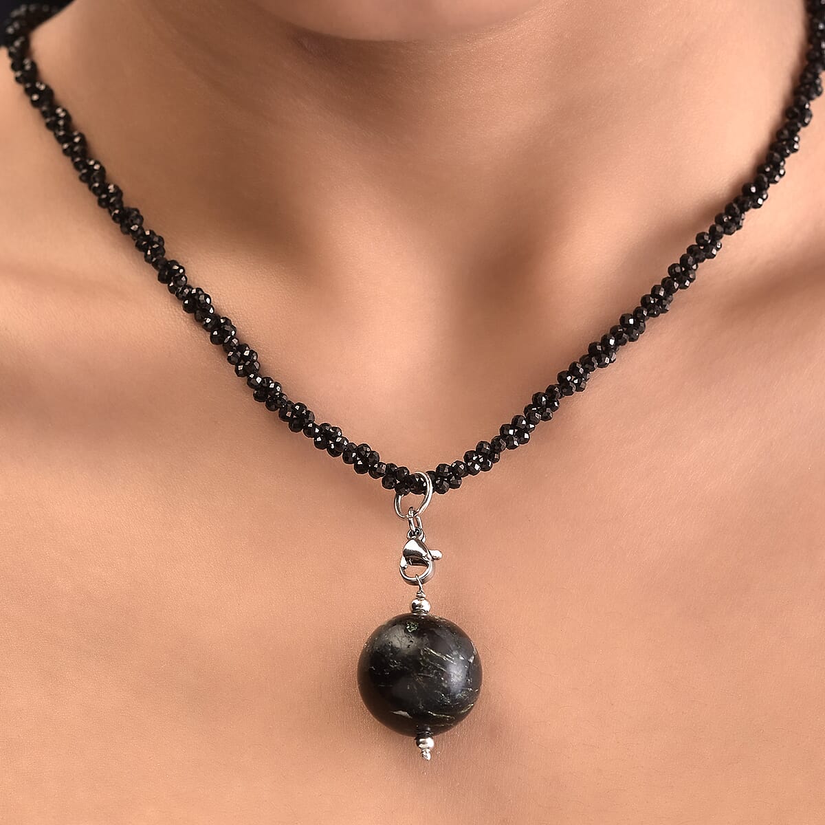 Green Aventurine, Black Agate Pendant with Thai Black Spinel Beaded Necklace (18 Inches) in Stainless Steel 150.15 ctw , Tarnish-Free, Waterproof, Sweat Proof Jewelry image number 3