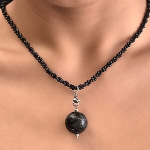 Green Aventurine, Black Agate Pendant with Thai Black Spinel Beaded Necklace (18 Inches) in Stainless Steel 150.15 ctw , Tarnish-Free, Waterproof, Sweat Proof Jewelry