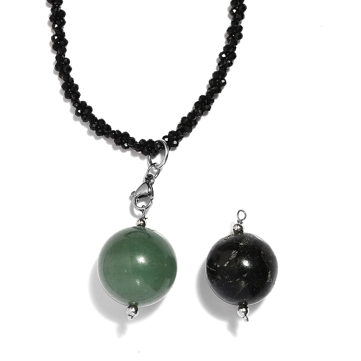 Green Aventurine, Black Agate Pendant with Thai Black Spinel Beaded Necklace (18 Inches) in Stainless Steel 150.15 ctw , Tarnish-Free, Waterproof, Sweat Proof Jewelry image number 4