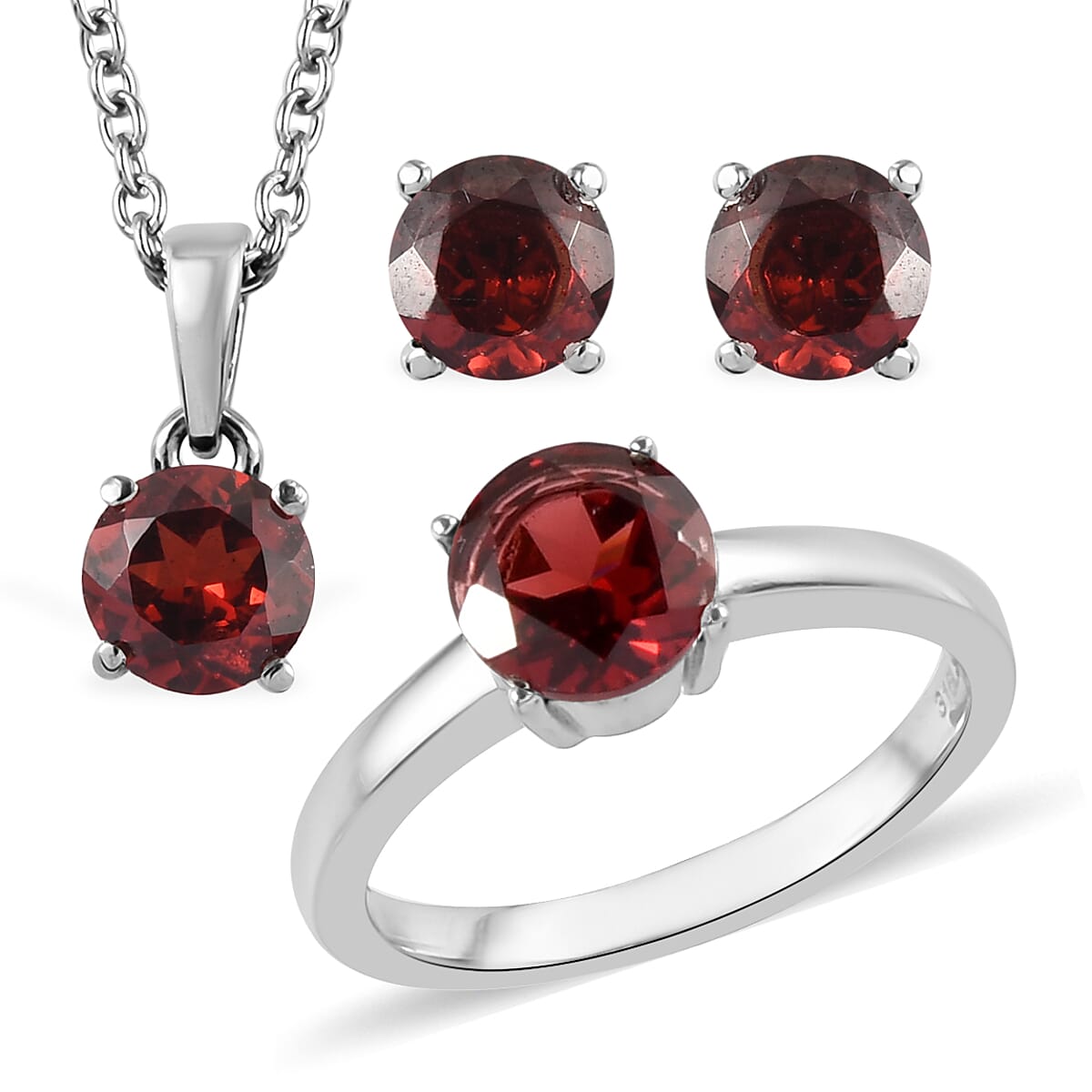 Mozambique Garnet Solitaire Stud Earrings, Ring and Pendant Necklace 20 Inches in Stainless Steel 3.00 ctw image number 0