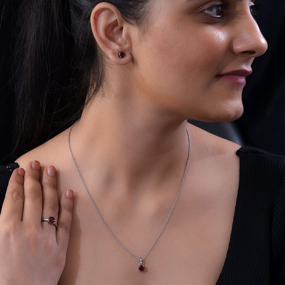 Mozambique Garnet Solitaire Stud Earrings, Ring (Size 7.0) and Pendant Necklace 20 Inches in Stainless Steel 3.75 ctw image number 3