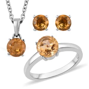 Brazilian Citrine Solitaire Stud Earrings, Ring (Size 6.0) and Pendant Necklace 20 Inches in Stainless Steel 3.00 ctw | Tarnish-Free, Waterproof, Sweat Proof Jewelry