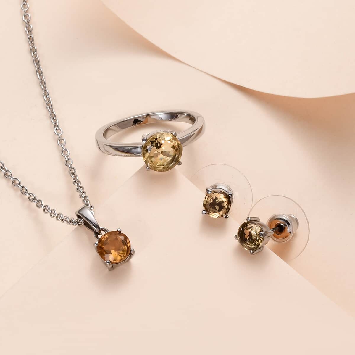 Brazilian Citrine Solitaire Stud Earrings, Ring (Size 6.0) and Pendant Necklace 20 Inches in Stainless Steel 3.00 ctw | Tarnish-Free, Waterproof, Sweat Proof Jewelry image number 1