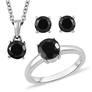 Thai Black Spinel Solitaire Stud Earrings, Ring (Size 7.0) and Pendant Necklace 20 Inches in Stainless Steel 3.25 ctw