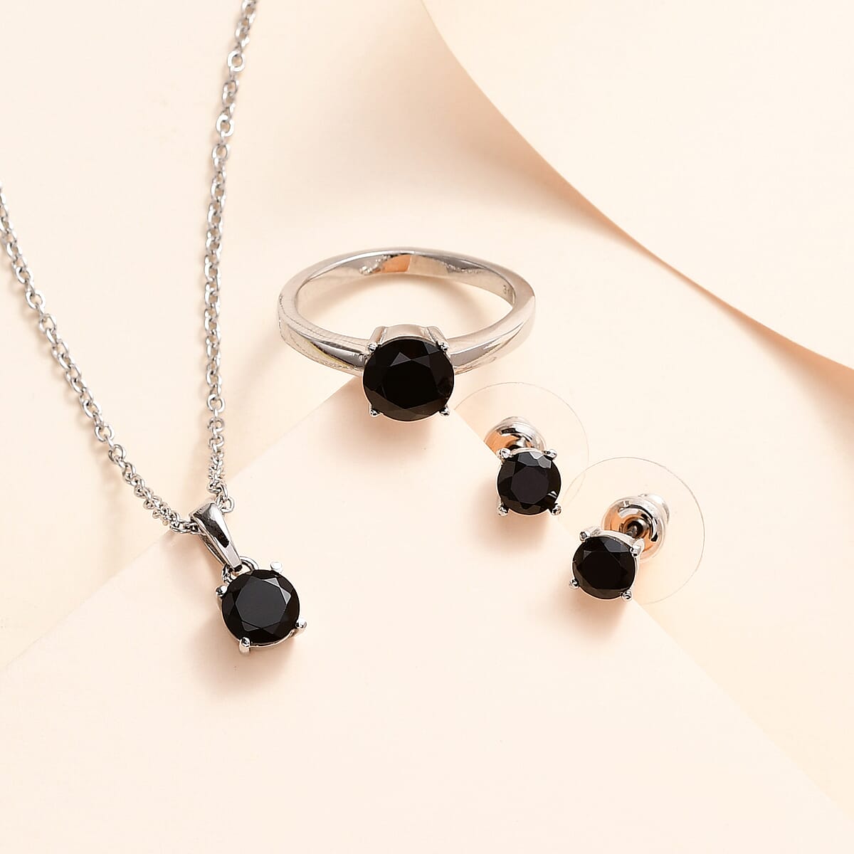 Thai Black Spinel Solitaire Stud Earrings, Ring (Size 9.0) and Pendant Necklace 20 Inches in Stainless Steel 3.25 ctw image number 1