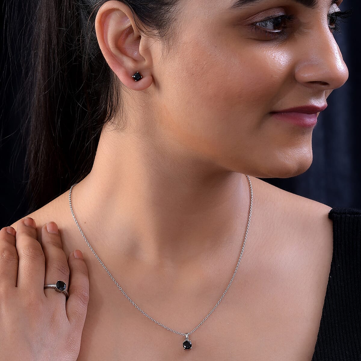 Thai Black Spinel Solitaire Stud Earrings, Ring (Size 9.0) and Pendant Necklace 20 Inches in Stainless Steel 3.25 ctw image number 2