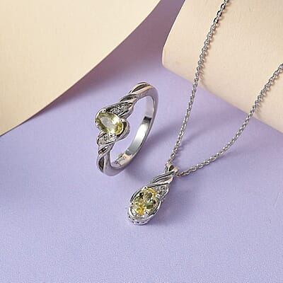 Brazilian Golden Apatite and White Zircon Ring (Size 6.0) and Pendant Necklace 20 Inches in Platinum Over Sterling Silver 1.00 ctw