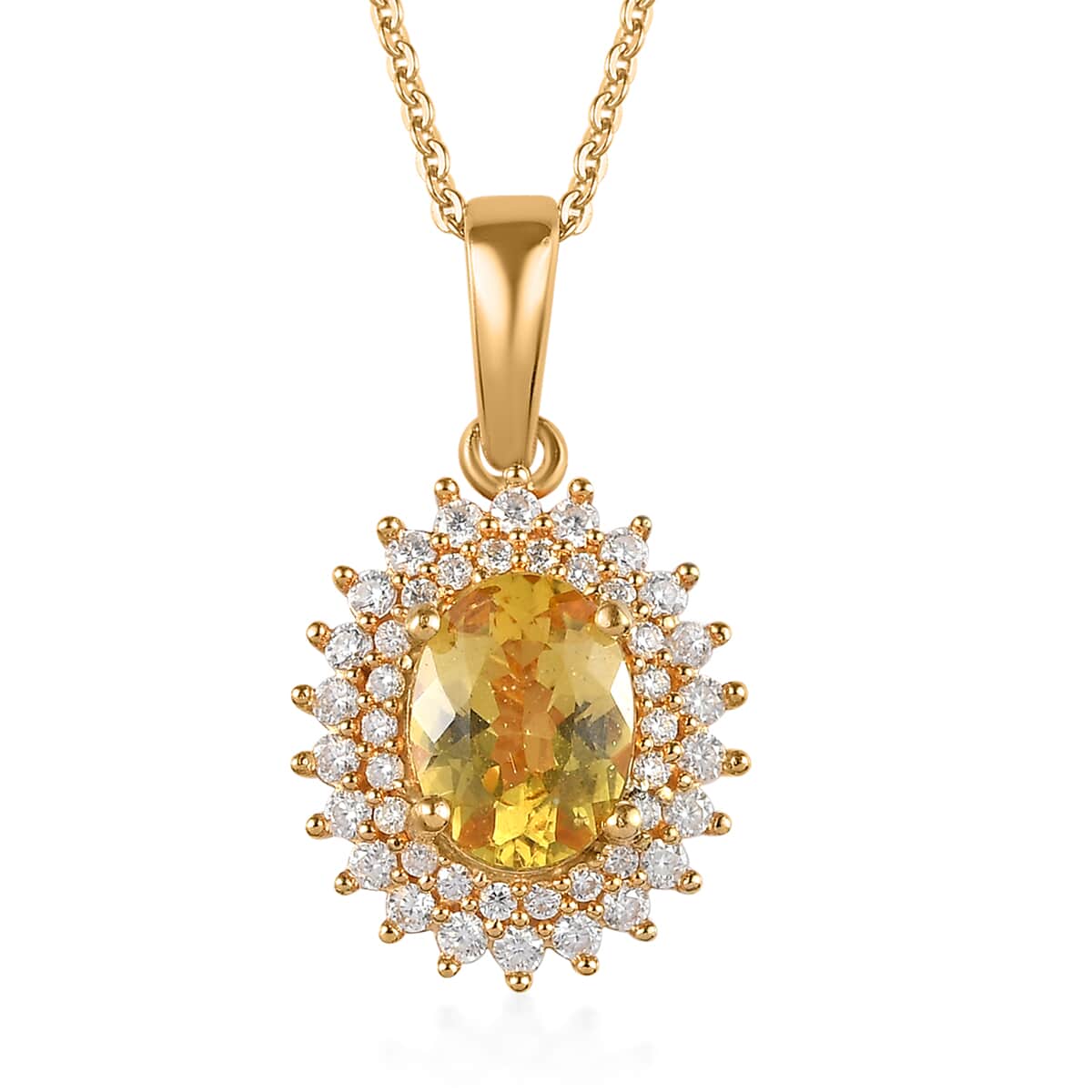 Brazilian Golden Apatite and Moissanite Double Halo Pendant Necklace 20 Inches in Vermeil Yellow Gold Over Sterling Silver 1.60 ctw image number 0