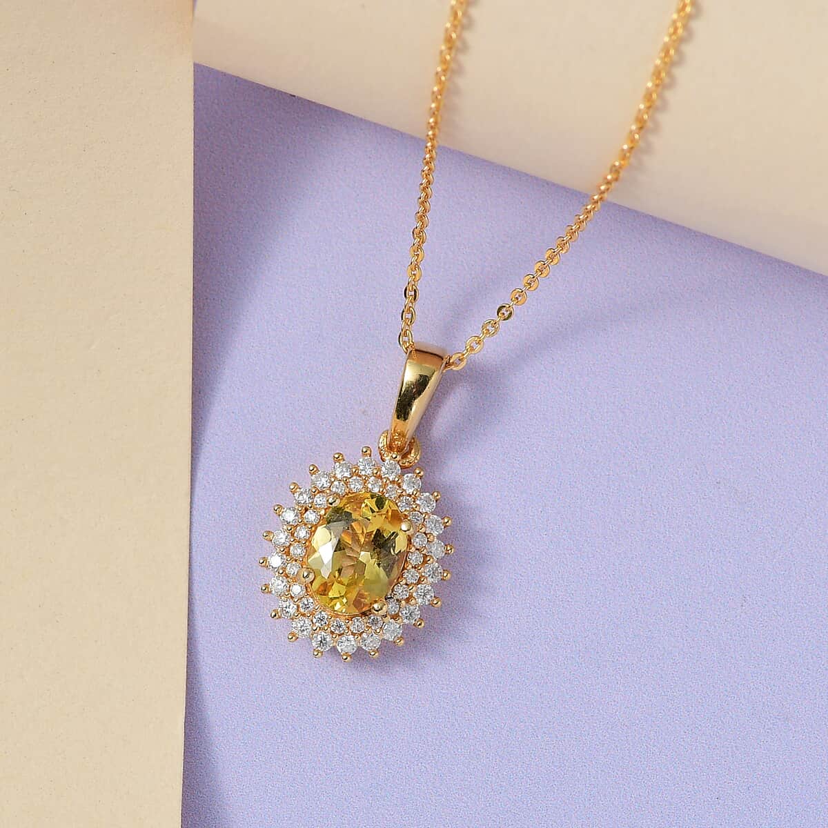 Brazilian Golden Apatite and Moissanite Double Halo Pendant Necklace 20 Inches in Vermeil Yellow Gold Over Sterling Silver 1.60 ctw image number 1