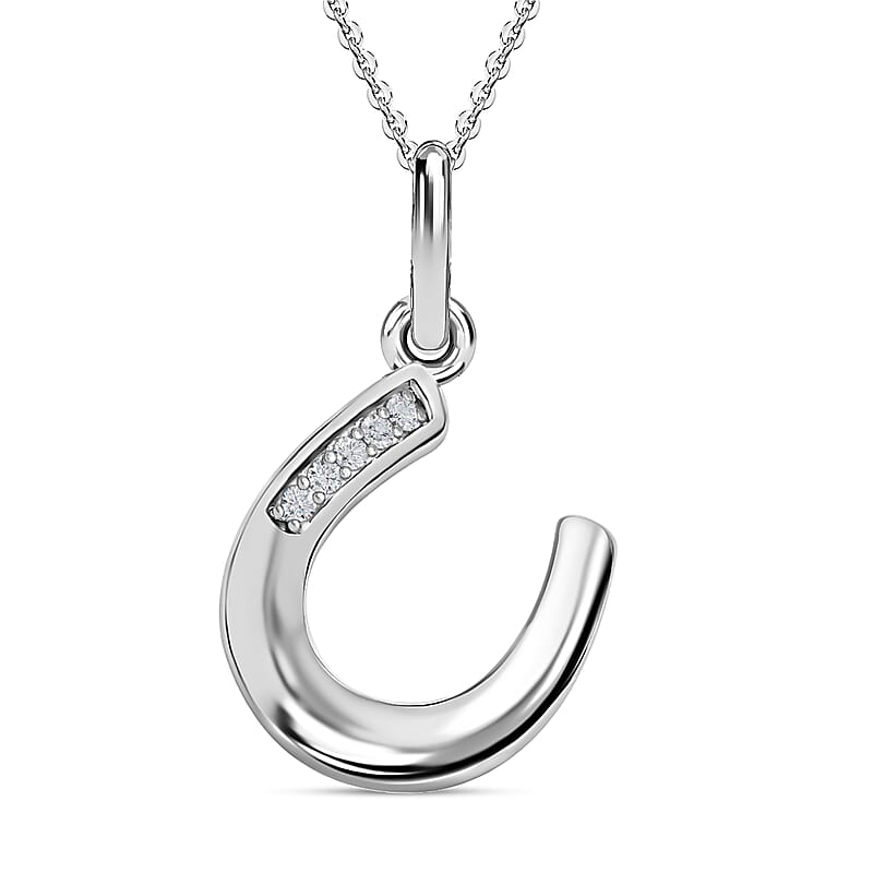 White Zircon Pendant Necklace, Lucky Horseshoe Pendant Necklace, Platinum Over Sterling Silver Pendant Necklace, 20 Inch Pendant Necklace