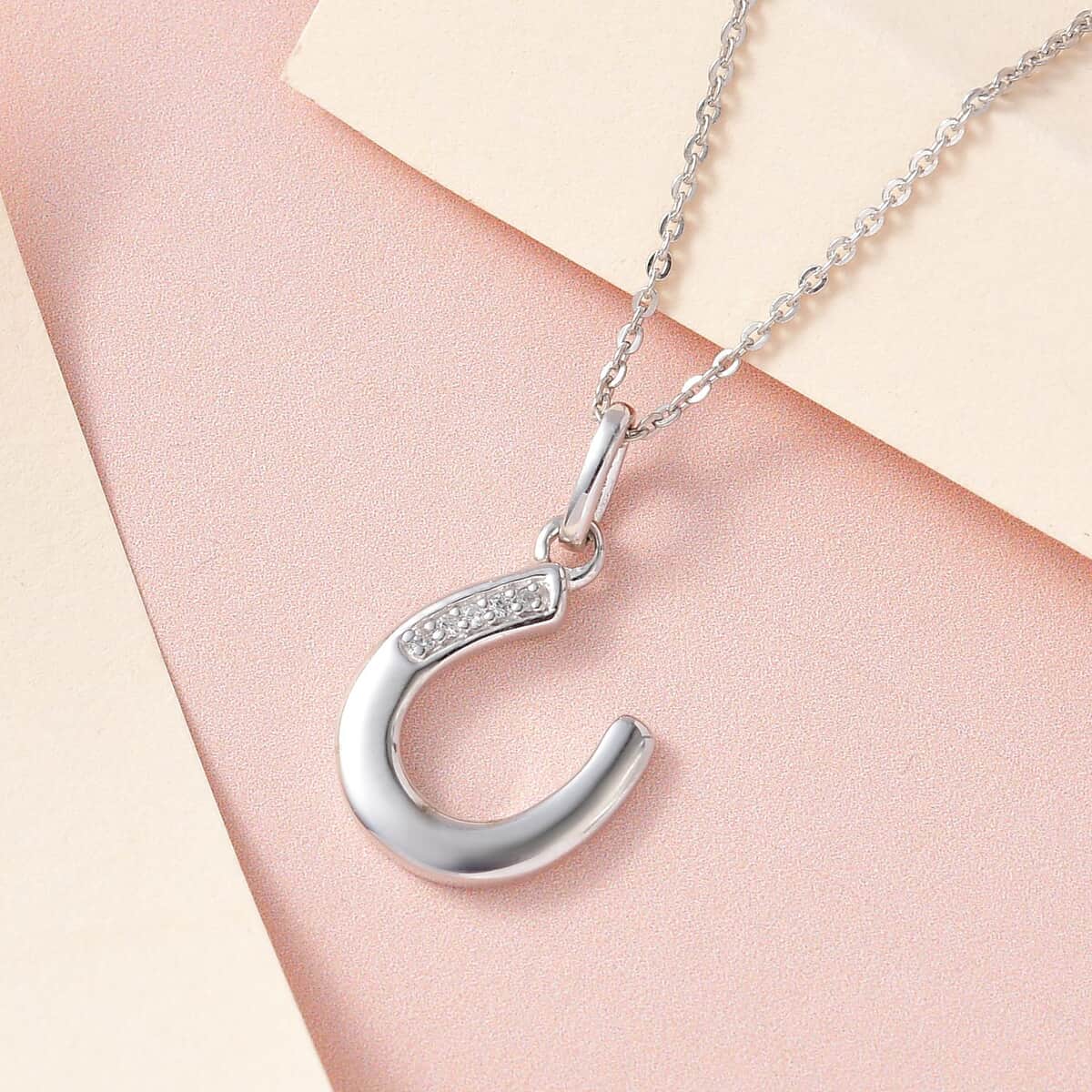 White Zircon Pendant Necklace, Lucky Horseshoe Pendant Necklace, Platinum Over Sterling Silver Pendant Necklace, 20 Inch Pendant Necklace image number 1