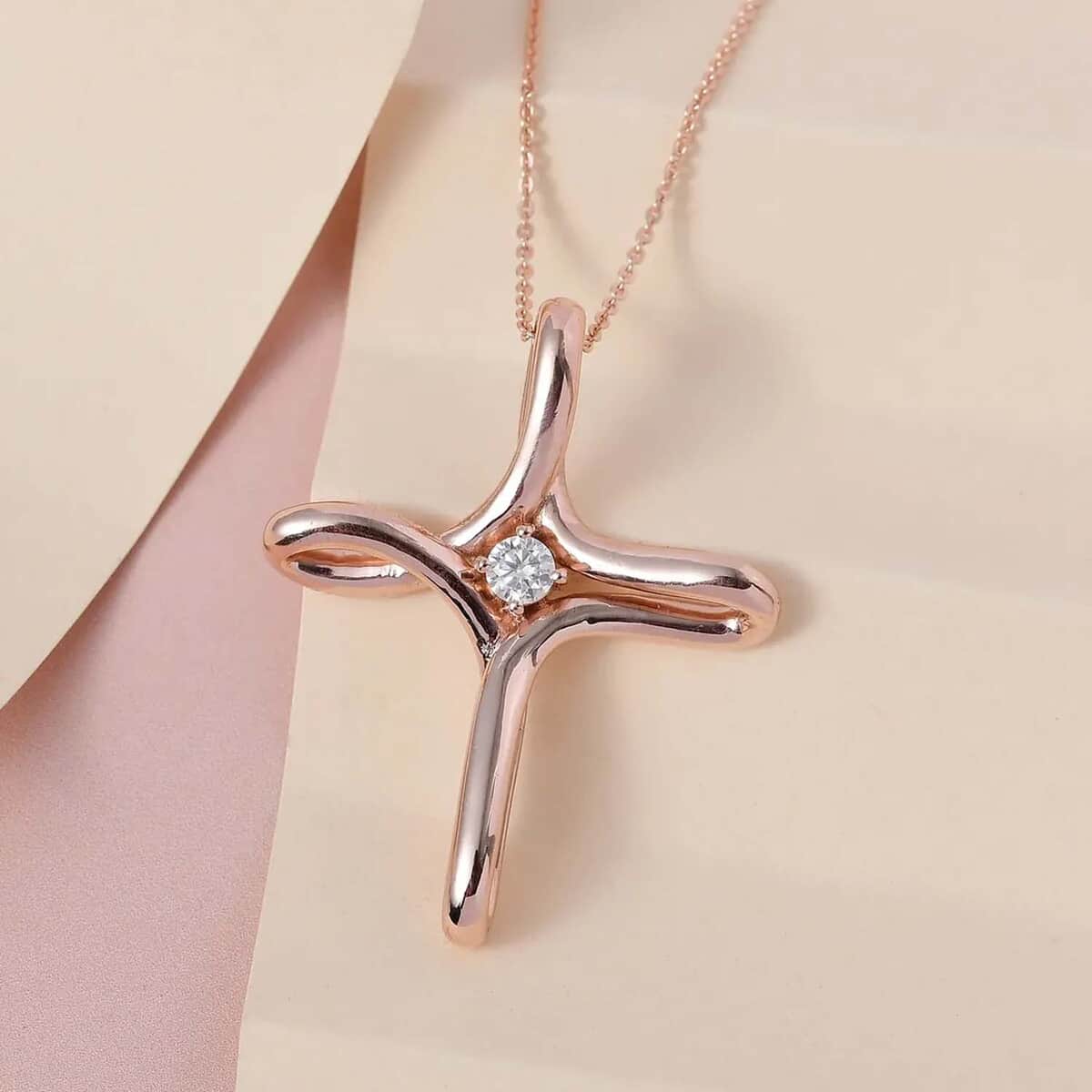 Moissanite Pendant Necklace, Twisted Cross Pendant, Matinee Length Necklace, Sterling Silver Necklace, RG Vermeil Over Sterling Silver Pendant 0.25 ctw image number 1