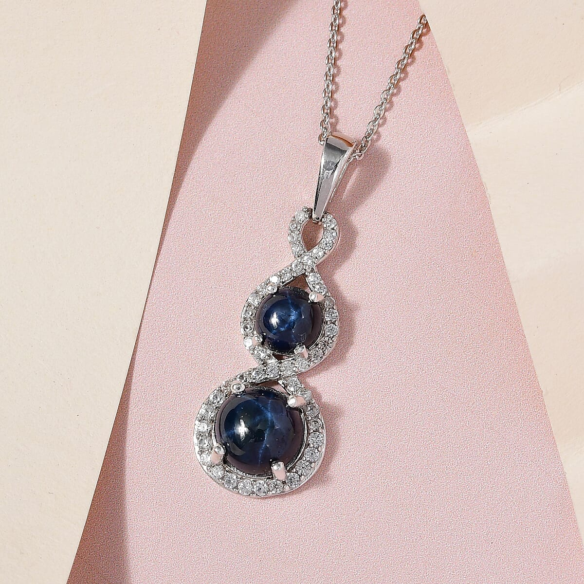 Blue Star Sapphire (DF) and White Zircon Infinity Pendant Necklace 20 Inches in Platinum Over Sterling Silver 5.35 ctw image number 1