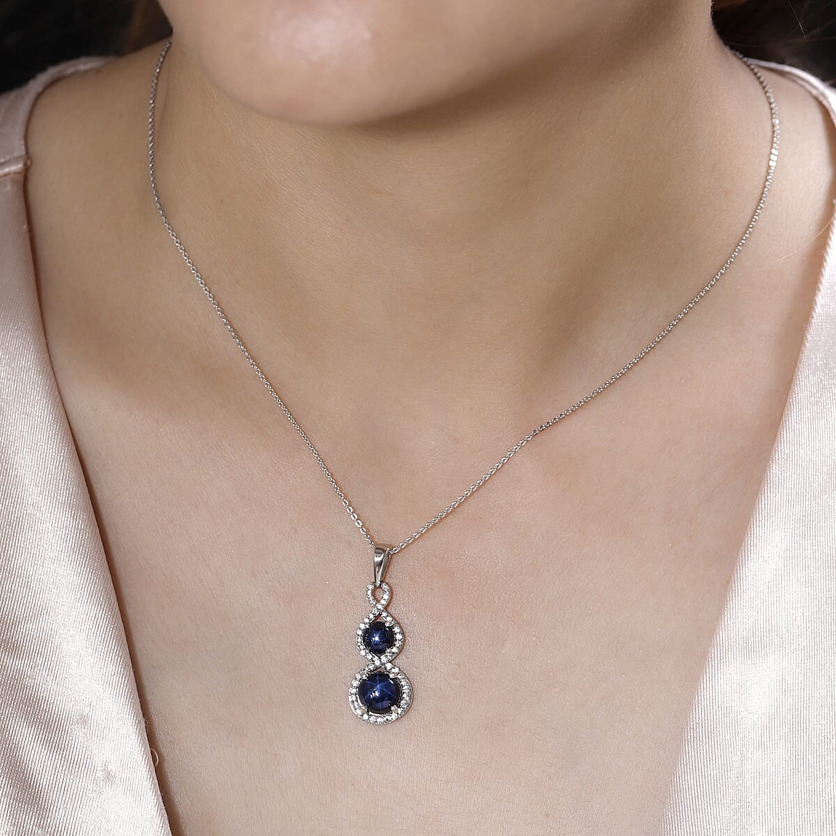 Blue Star Sapphire (DF) and White Zircon Infinity Pendant Necklace 20 Inches in Platinum Over Sterling Silver 5.35 ctw image number 2
