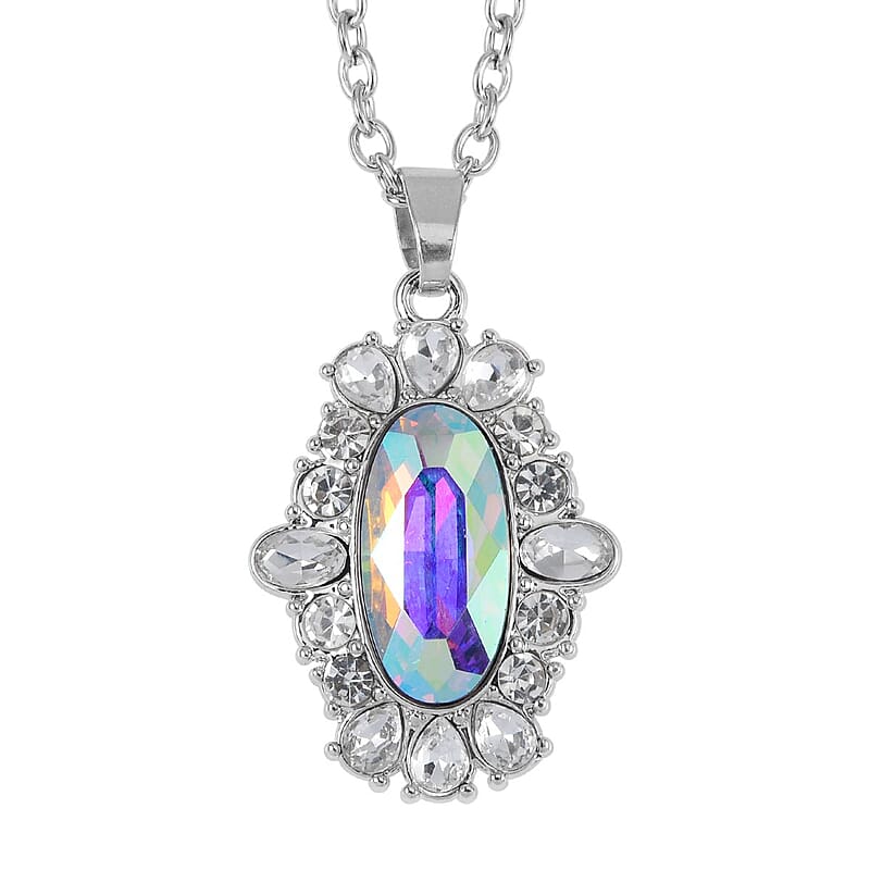 Simulated Aurora Borealis, Austrian Crystal Halo Ring (Size 6.00), Earrings and Pendant Necklace in Silvertone 20-22 Inches