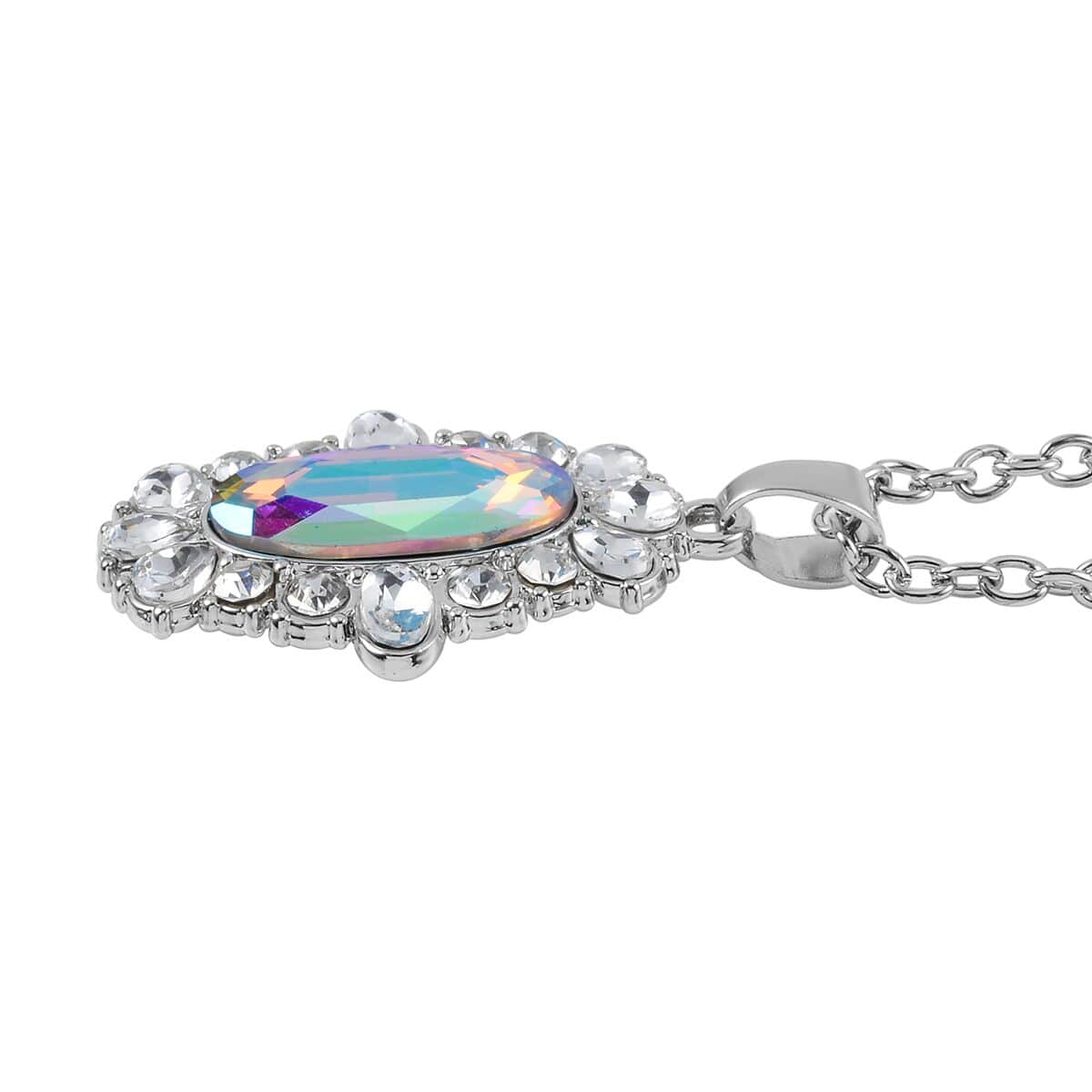 Simulated Aurora Borealis, Austrian Crystal Halo Ring (Size 6.00), Earrings and Pendant Necklace in Silvertone 20-22 Inches image number 6