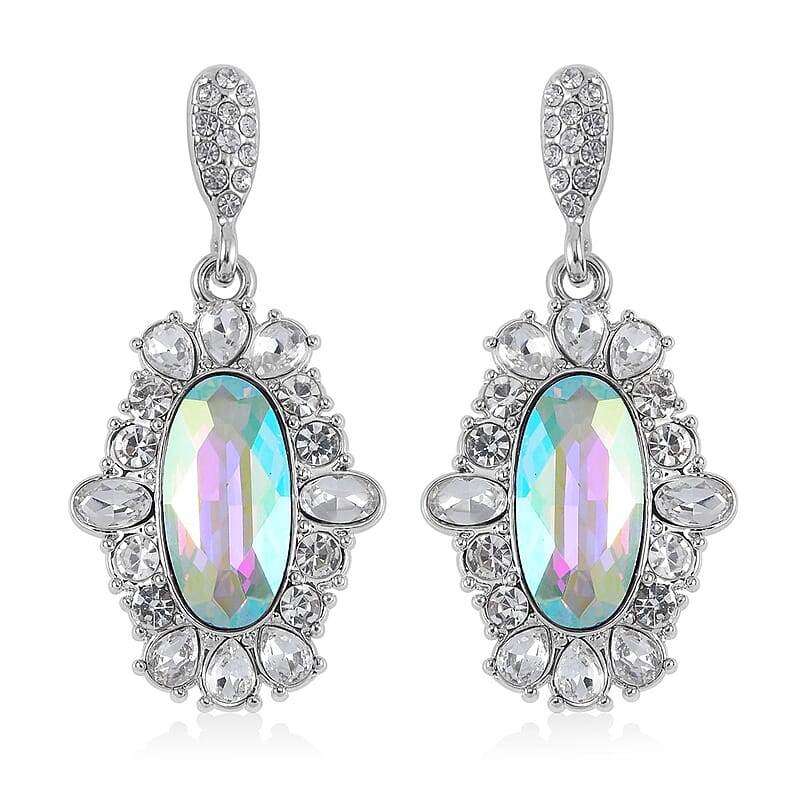 Simulated Aurora Borealis, Austrian Crystal Halo Ring (Size 6.00), Earrings and Pendant Necklace in Silvertone 20-22 Inches
