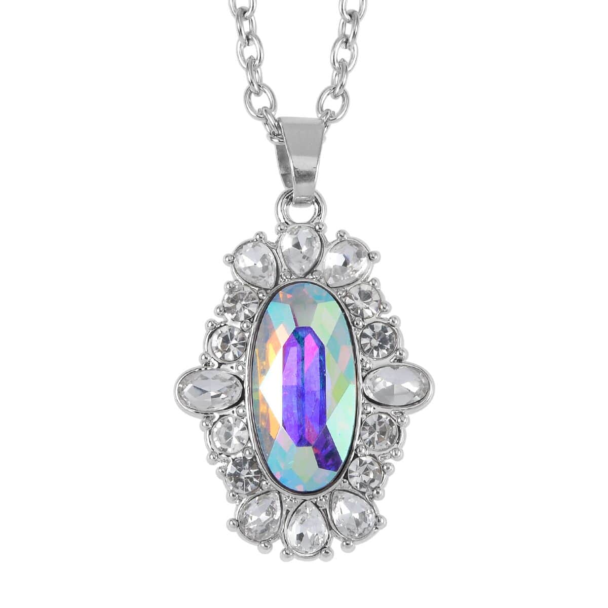 Simulated Aurora Borealis, Austrian Crystal Halo Ring (Size 7.00), Earrings and Pendant Necklace in Silvertone 20-22 Inches image number 5