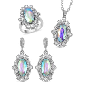 Simulated Aurora Borealis, Austrian Crystal Halo Ring (Size 9.00), Earrings and Pendant Necklace 20-22 Inches in Silvertone