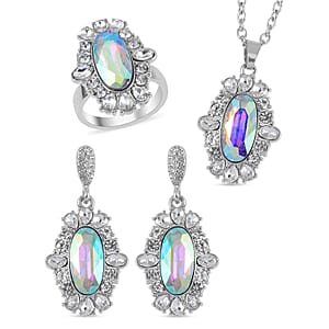 Simulated Aurora Borealis, Austrian Crystal Halo Ring (Size 10.00), Earrings and Pendant Necklace in Silvertone 20-22 Inches