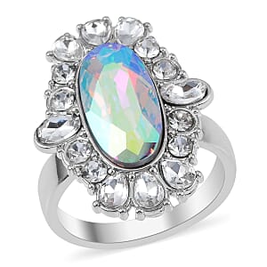Simulated Aurora Borealis, Austrian Crystal Halo Ring (Size 10.00), Earrings and Pendant Necklace in Silvertone 20-22 Inches