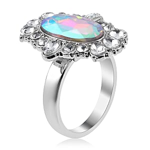 Simulated Aurora Borealis, Austrian Crystal Halo Ring (Size 10.00), Earrings and Pendant Necklace in Silvertone 20-22 Inches