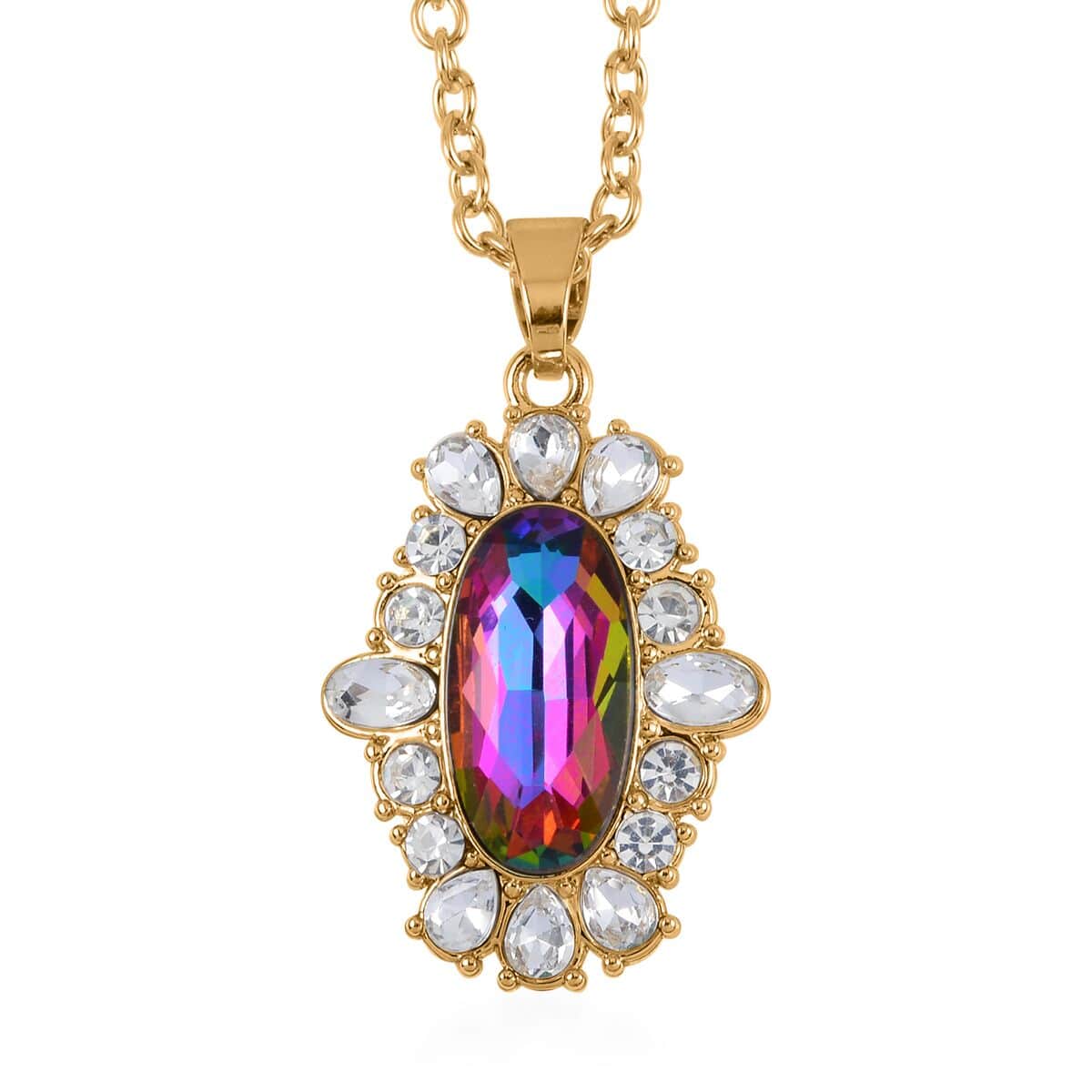 Simulated Magic Color Quartz, Austrian Crystal Halo Ring (Size 6.00), Earrings and Pendant Necklace in Goldtone 20-22 Inches image number 5