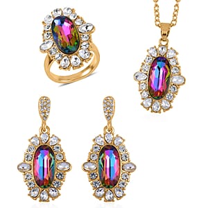 Simulated Magic Color Quartz, Austrian Crystal Halo Ring (Size 9.00), Earrings and Pendant Necklace in Goldtone 20-22 Inches