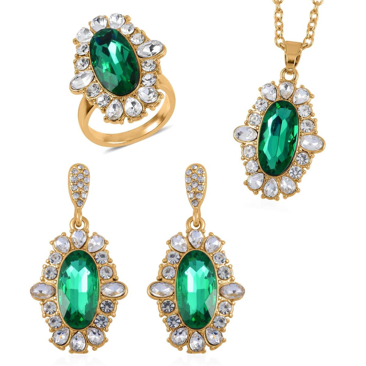 Simulated Emerald, Austrian Crystal Halo Ring (Size 6.00), Earrings and Pendant Necklace in Goldtone 20-22 Inches image number 0