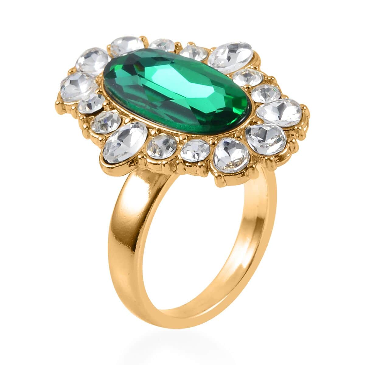 Simulated Emerald, Austrian Crystal Halo Ring (Size 6.00), Earrings and Pendant Necklace in Goldtone 20-22 Inches image number 3