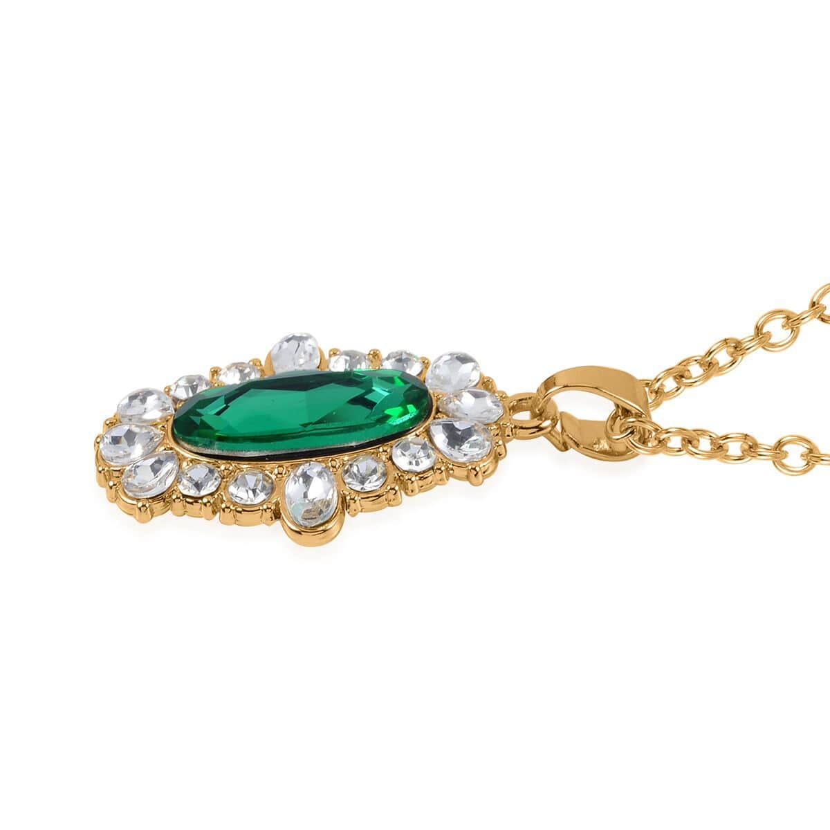Simulated Emerald, Austrian Crystal Halo Ring (Size 6.00), Earrings and Pendant Necklace in Goldtone 20-22 Inches image number 6