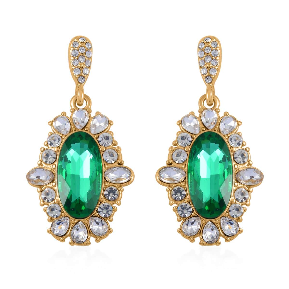 Simulated Emerald, Austrian Crystal Halo Ring (Size 6.00), Earrings and Pendant Necklace in Goldtone 20-22 Inches image number 7