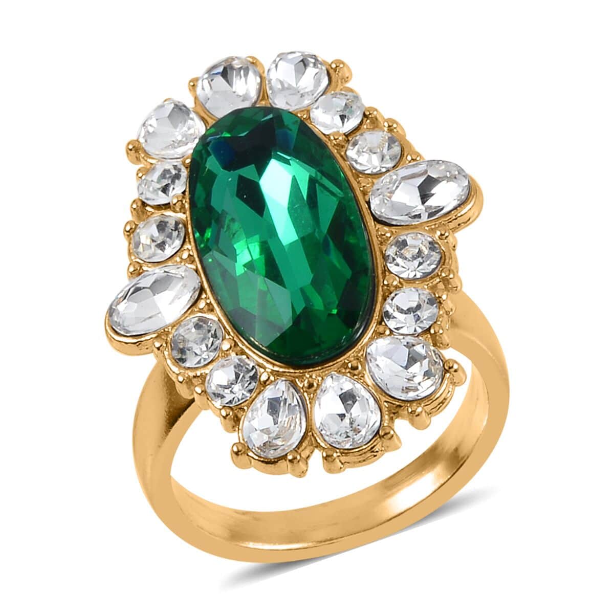 Simulated Emerald, Austrian Crystal Halo Ring (Size 7.00), Earrings and Pendant Necklace in Goldtone 20-22 Inches image number 2