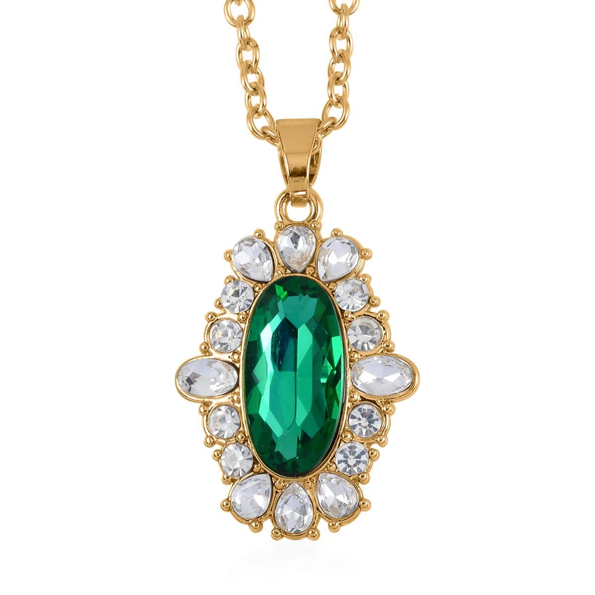 Simulated Emerald, Austrian Crystal Halo Ring (Size 9.00), Earrings and Pendant Necklace in Goldtone 20-22 Inches image number 5