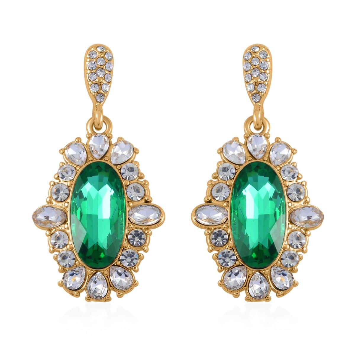 Simulated Emerald, Austrian Crystal Halo Ring (Size 9.00), Earrings and Pendant Necklace in Goldtone 20-22 Inches image number 7