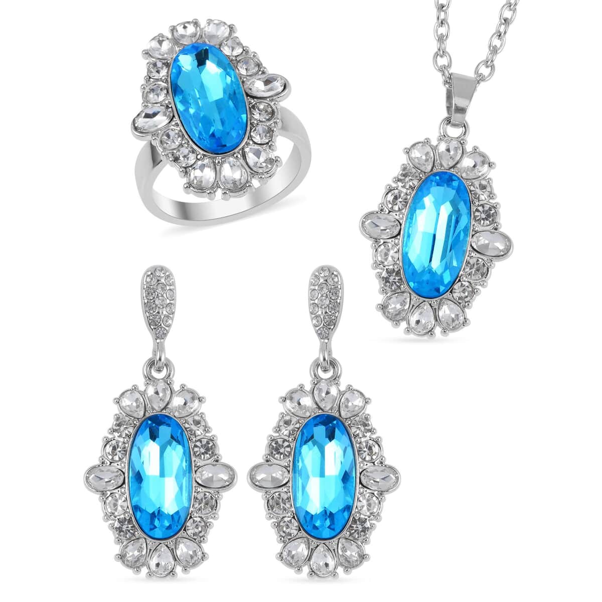 Simulated Aquamarine, Austrian Crystal Halo Ring (Size 6.00), Earrings and Pendant Necklace in Silvertone 20-22 Inches image number 0