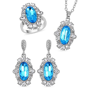 Simulated Aquamarine, Austrian Crystal Halo Ring (Size 6.00), Earrings and Pendant Necklace in Silvertone 20-22 Inches
