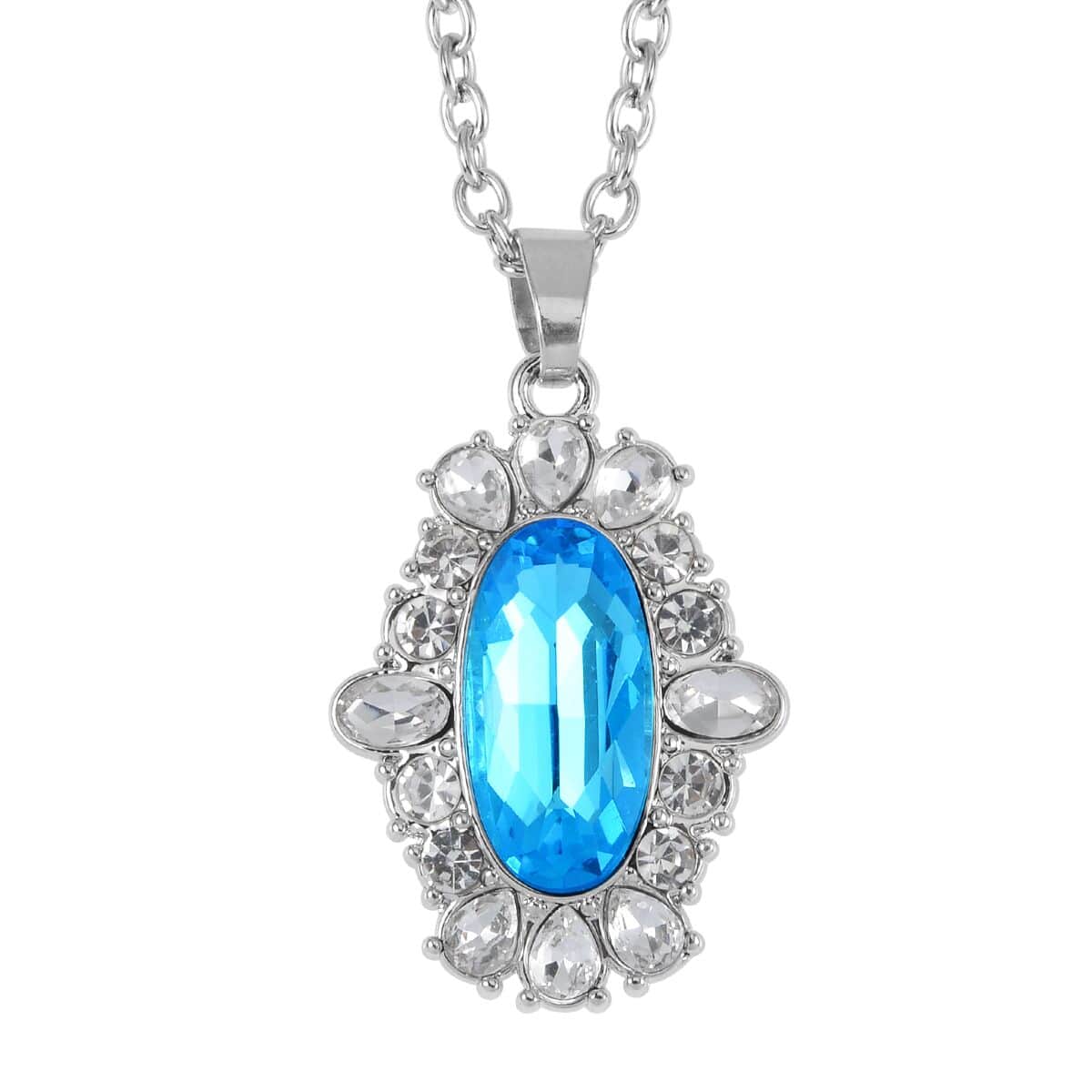 Simulated Aquamarine, Austrian Crystal Halo Ring (Size 6.00), Earrings and Pendant Necklace in Silvertone 20-22 Inches image number 5