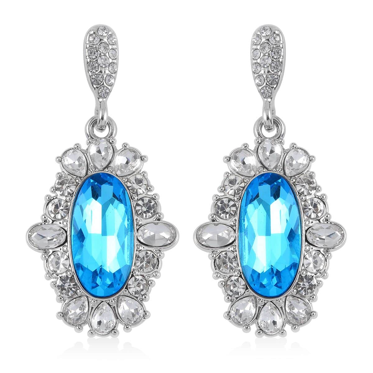 Simulated Aquamarine, Austrian Crystal Halo Ring (Size 6.00), Earrings and Pendant Necklace in Silvertone 20-22 Inches image number 7