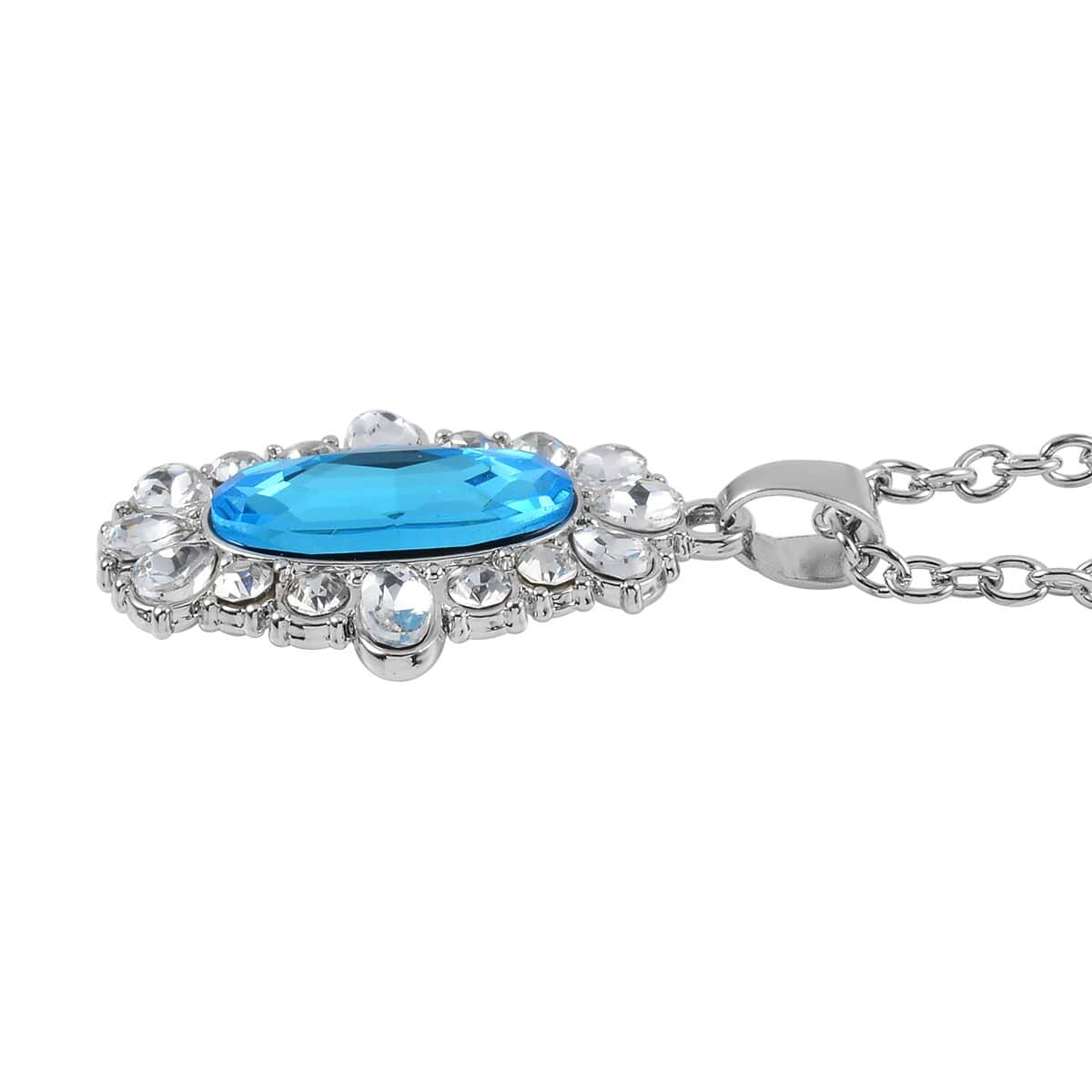 Simulated Aquamarine, Austrian Crystal Halo Ring (Size 7.00), Earrings and Pendant Necklace in Silvertone 20-22 Inches image number 6