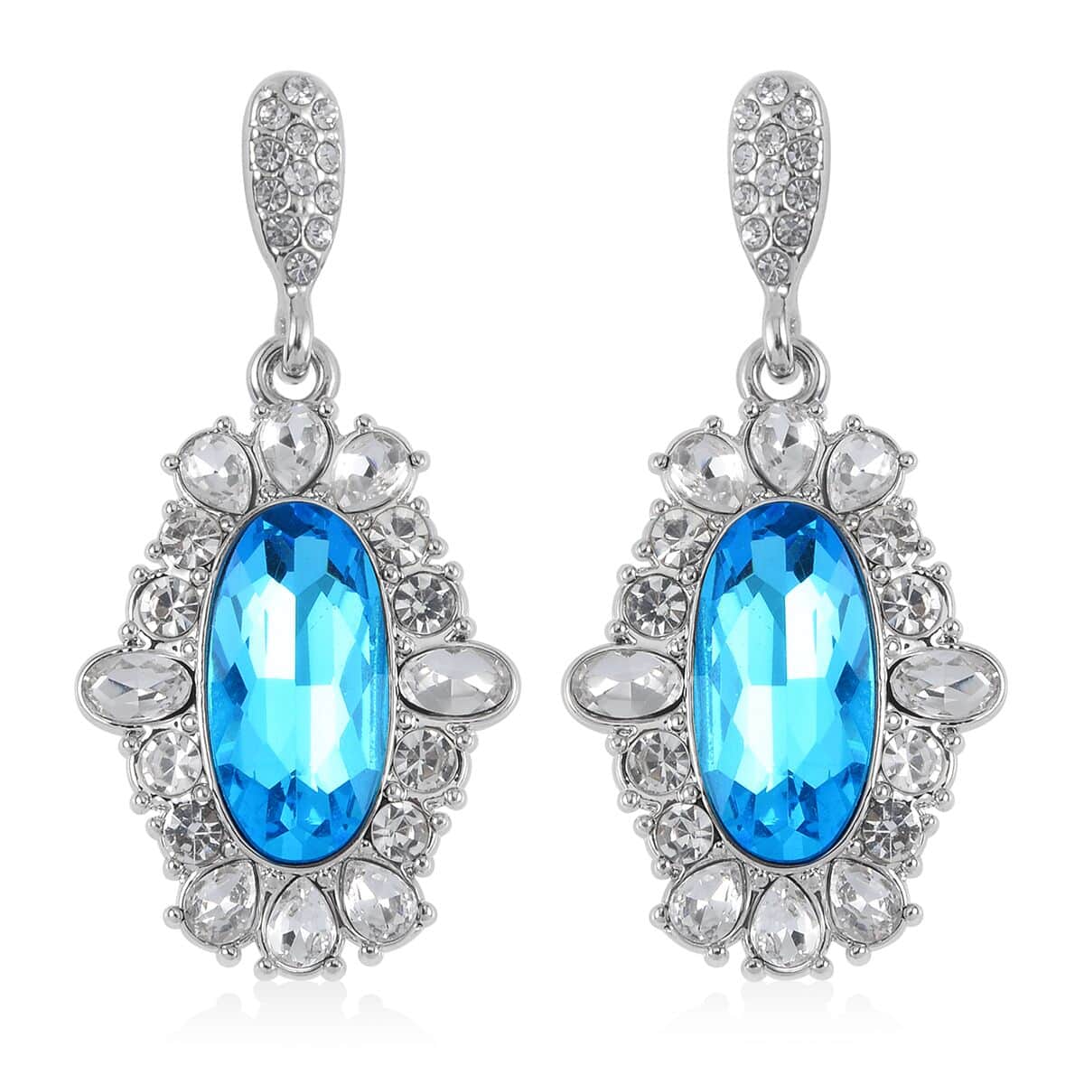 Simulated Aquamarine, Austrian Crystal Halo Ring (Size 7.00), Earrings and Pendant Necklace in Silvertone 20-22 Inches image number 7