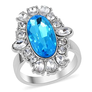 Simulated Aquamarine, Austrian Crystal Halo Ring (Size 9.00), Earrings and Pendant Necklace in Silvertone 20-22 Inches