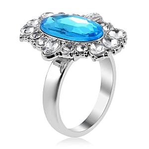 Simulated Aquamarine, Austrian Crystal Halo Ring (Size 9.00), Earrings and Pendant Necklace in Silvertone 20-22 Inches