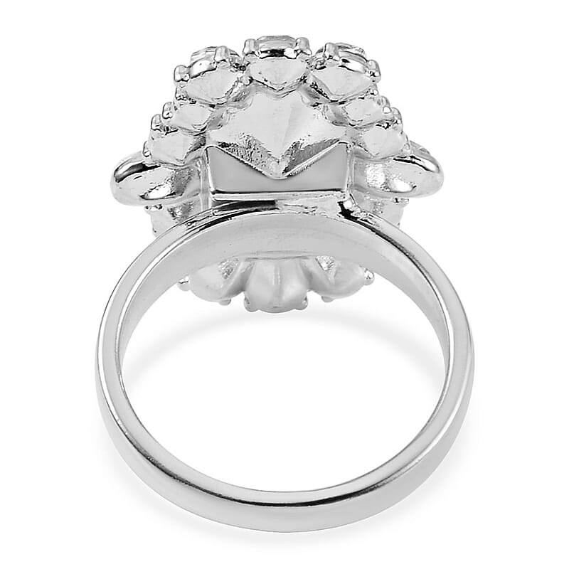 Simulated Aquamarine, Austrian Crystal Halo Ring (Size 9.00), Earrings and Pendant Necklace in Silvertone 20-22 Inches