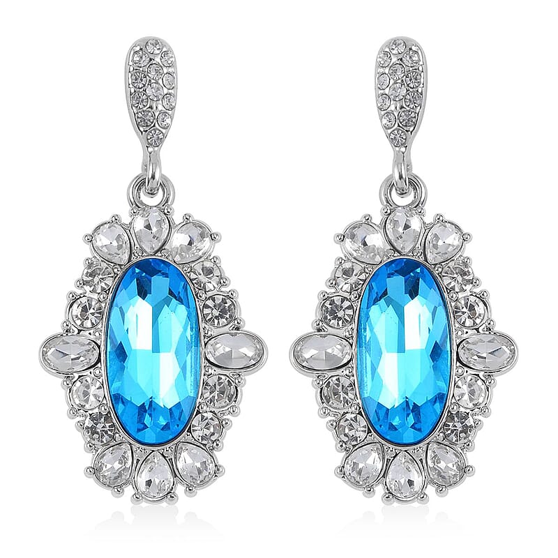 Simulated Aquamarine, Austrian Crystal Halo Ring (Size 9.00), Earrings and Pendant Necklace in Silvertone 20-22 Inches