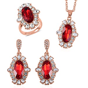 Simulated Ruby, Austrian Crystal Halo Ring (Size 6.00), Earrings and Pendant Necklace in Rosetone 20-22 Inches