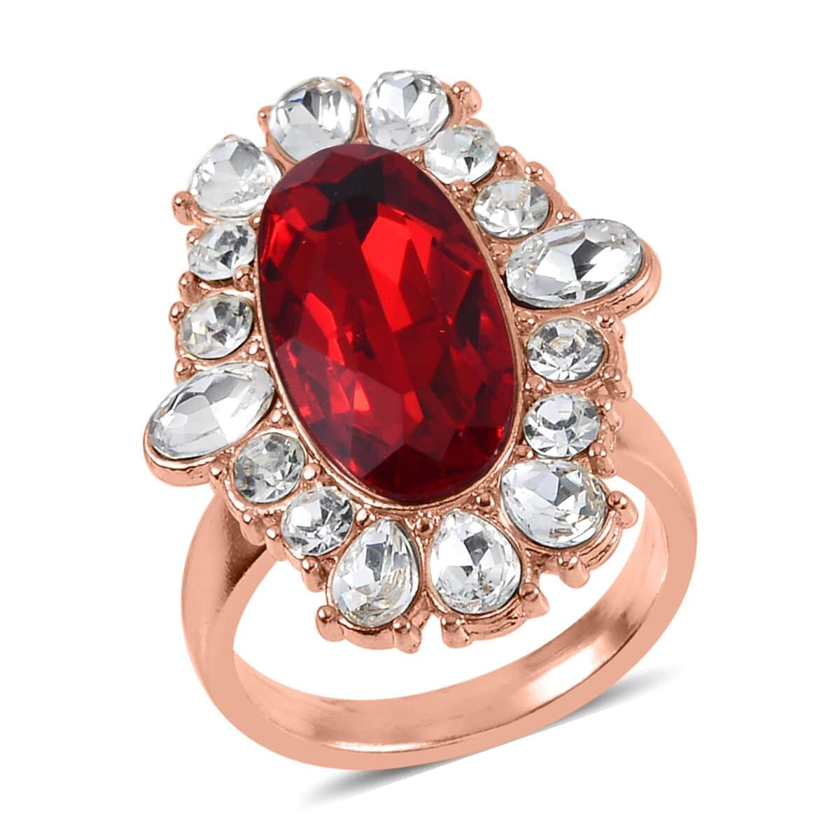 Simulated Ruby, Austrian Crystal Halo Ring (Size 6.00), Earrings and Pendant Necklace in Rosetone 20-22 Inches image number 2